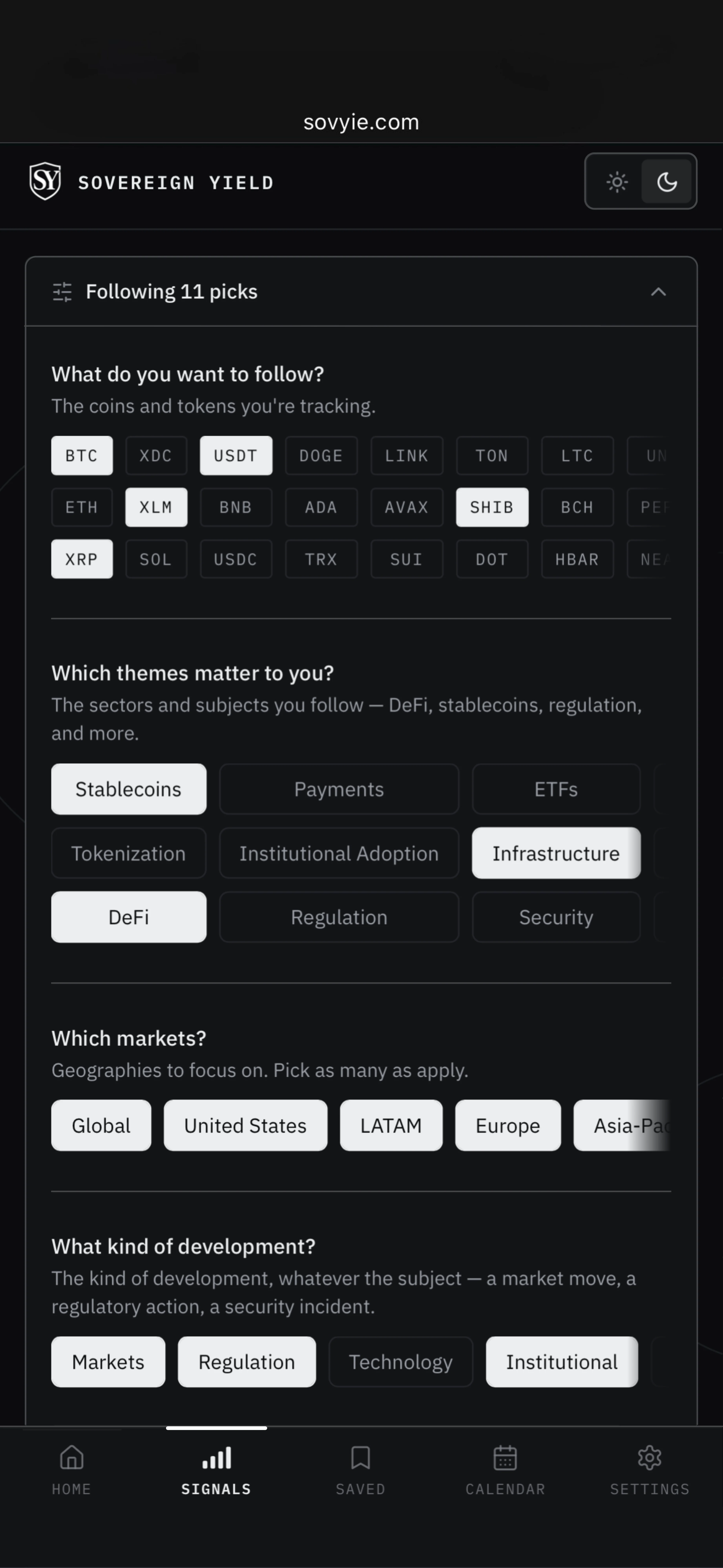 Sovereign Yield preferences, with assets, themes and markets selected as tracking parameters