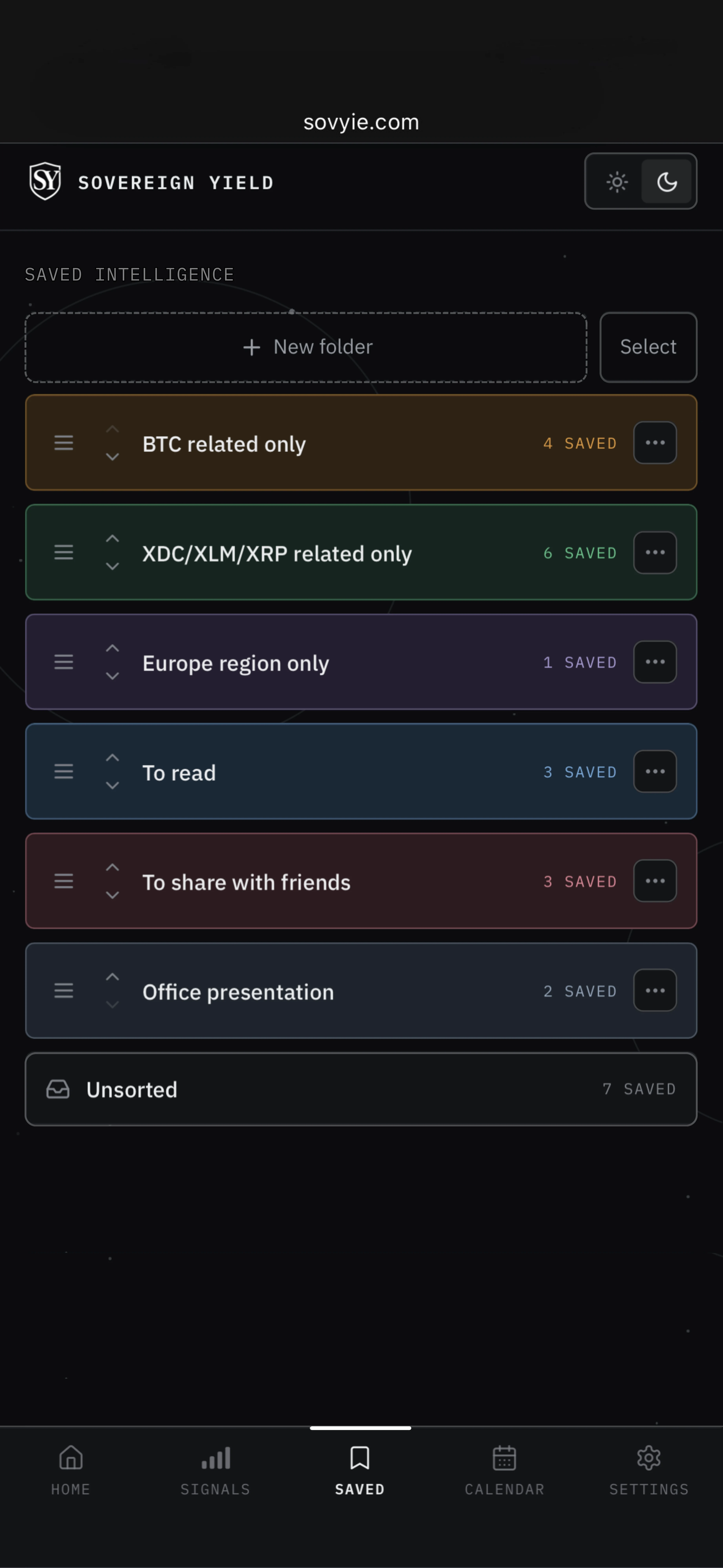 Sovereign Yield saved intelligence organized into custom folders